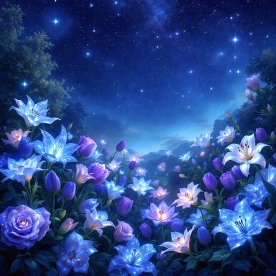 The primary subject of the image is a beautiful garden filled with purple flowers. The setting is a nighttime scene with a starry sky in the background. The visual style is a digital art or illustration, creating a serene and enchanting atmosphere. The dominant colors are purple and blue, which contribute to the overall mood of the image.